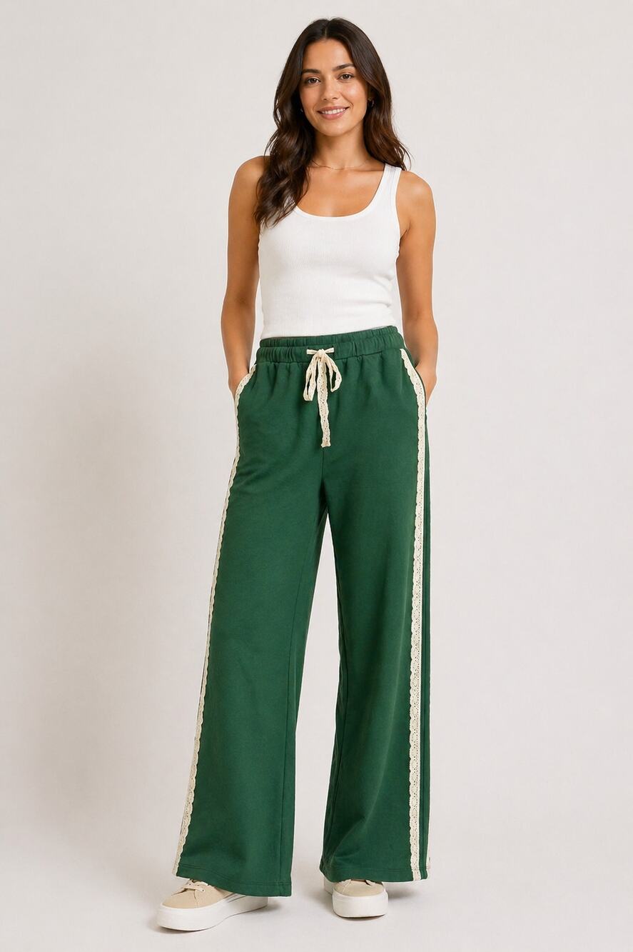 Mittoshop Wide Leg Pants Green Cream Lace Trim Womens Size Medium New